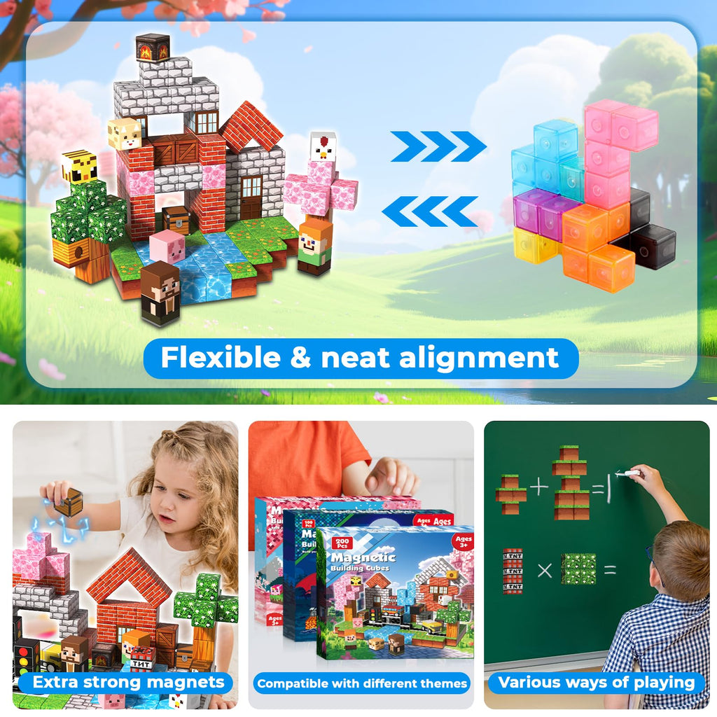 200 PCS Magnetic Blocks - Magnetic Building Blocks Cubes, Magnet Toys for Kids Age 3+, Toy Building Set for Kids, Magnets Stacking Construction Birthday Gifts for Boys Girls Age 4-8, 8-12