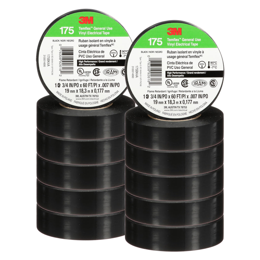 3M Temflex Vinyl Electrical Tape 175, Flame Retardant, Pressure-Sensitive Adhesive, Electrical and Mechanical Protection, Black, 7 mil, 3/4 in x 60 ft, 10 Rolls