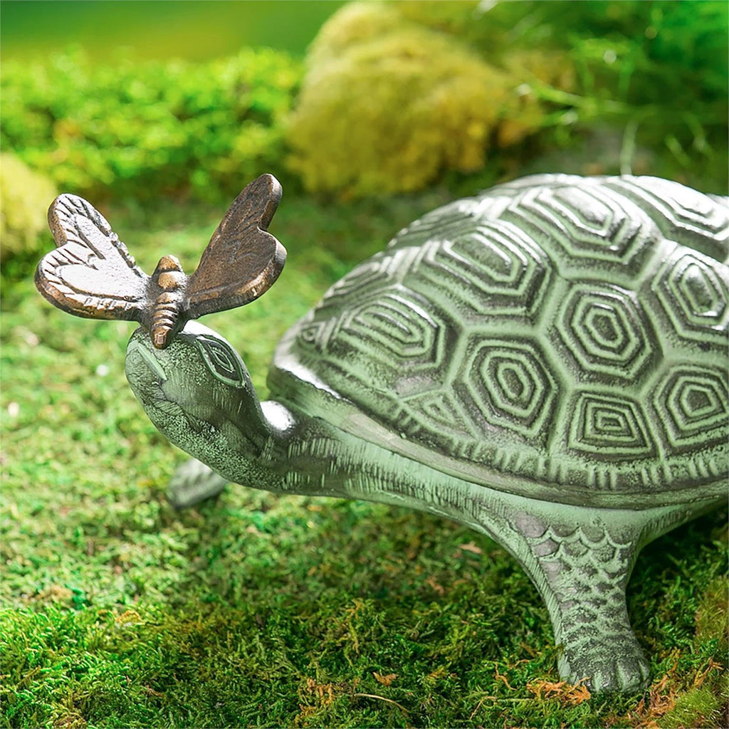 Evergreen Garden 14" L Beautiful Summer Turtle and Butterfly Metal Garden Statue, Fade and Weather Resistant Outdoor Decoration for Homes, Yards and Gardens