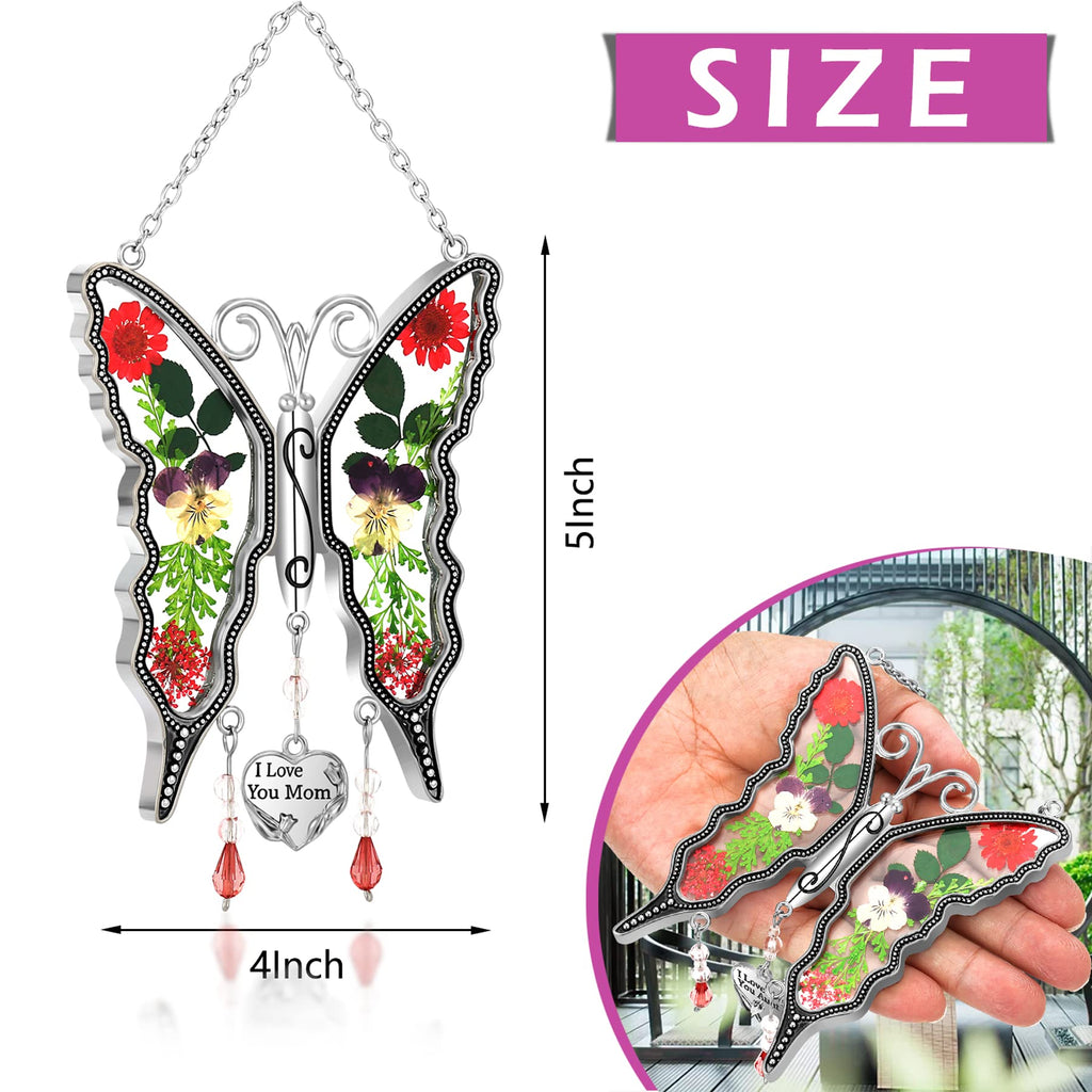 KY&BOSAM Mom Gift Butterfly Glass Pressed Flowers Suncatcher Window Hanging