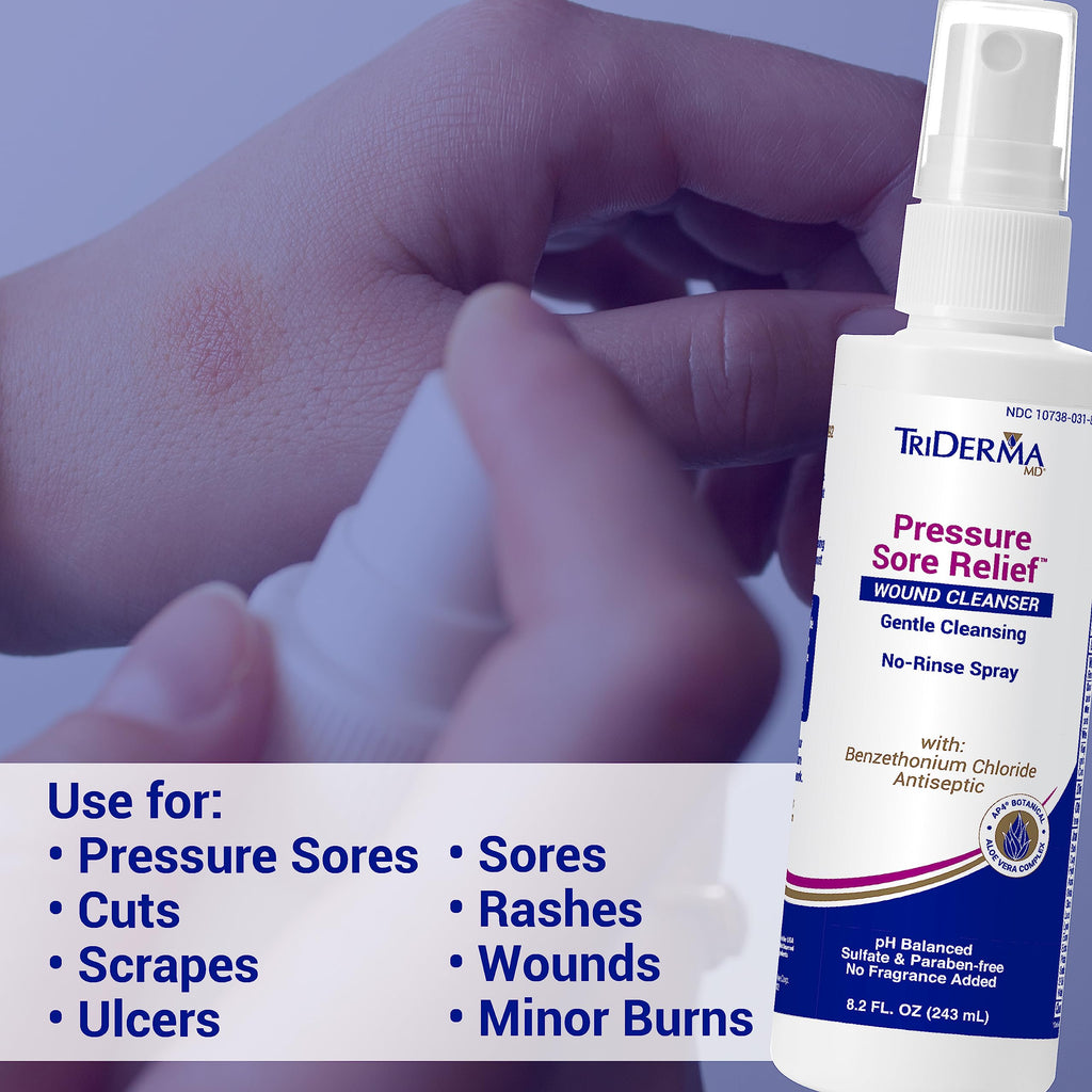 TriDerma Pressure Sore Relief Wound Cleanser, Gentle Cleansing for Bed Sores, Ulcers, Pressure Sores, Wounds and Hard-to-Heal Skin Sores with AP4 Aloe Vera and Niacinamide, Fragrance Free 8.2 oz Spray