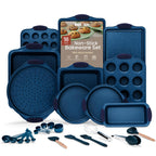 BAKKEN Kitchen Baking Pan Set - Nonstick Coating, Carbon Steel Bakeware Sets with Blue Silicone Handles, Baking Kitchen Essentials, PFOA, PFOS, PTFE Free, Oven Safe Tray (Up To 450° F), Set of 18