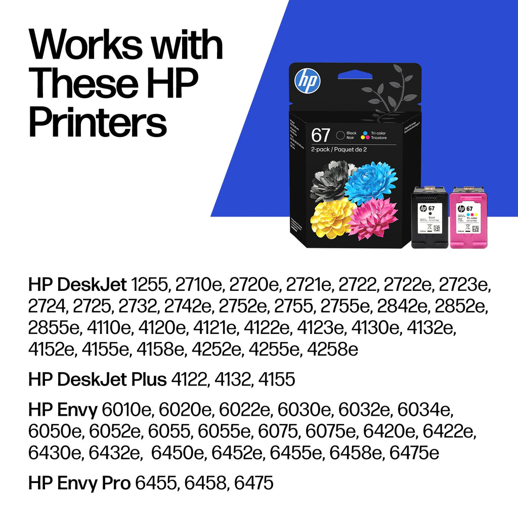 HP 67 Black/Tri-Color Ink Cartridges (2-Pack) | Works with DeskJet 1255, 2700, 4100, Envy 6000, 6400 | Instant Ink Eligible | 3YP29AN | Packaging May Vary