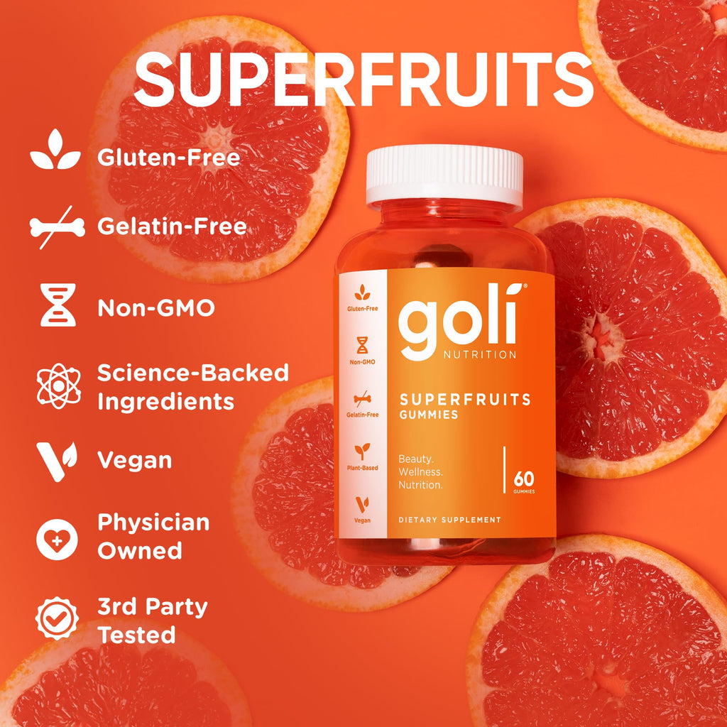 Goli Superfruits Beauty Gummies with Bamboo Silica - Vitamins A, C, E, Zinc - Collagen Support with Superfruit Blend - Vegan, Non-GMO, Gluten-Free - 60 Count (Pack of 3)