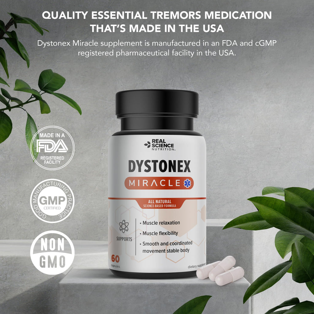 Real Science Dystonex - Dystonia Support Supplement for Tremors, Muscle Contractions & Spasms – Muscle Relaxer Pills with Vinitrox & GABA for Nerve Support & Blood Circulation – Made in USA, 60 Caps
