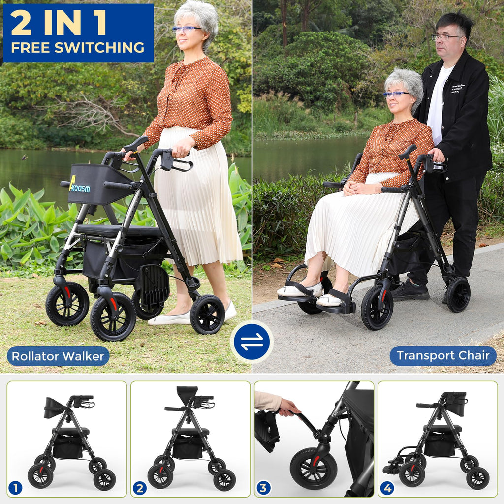 Foldable Rollator Walker for Seniors with Seat, Lightweight 2 in 1 Rolling Walkers Wheelchair Combo for Adult, Transport Chair with Brakes, Adjustable Seat and Handle, 300 Lb, Steel Grey