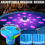 RovPool Chlorine Floater, Large Capacity Pool Chlorine Floaters for 5 * 3'' Chlorine Tabs, Solar Chlorine Floater with Lights, Adjustable Flow Floating Chlorine Dispenser for Pool, Hot Tub, Blue