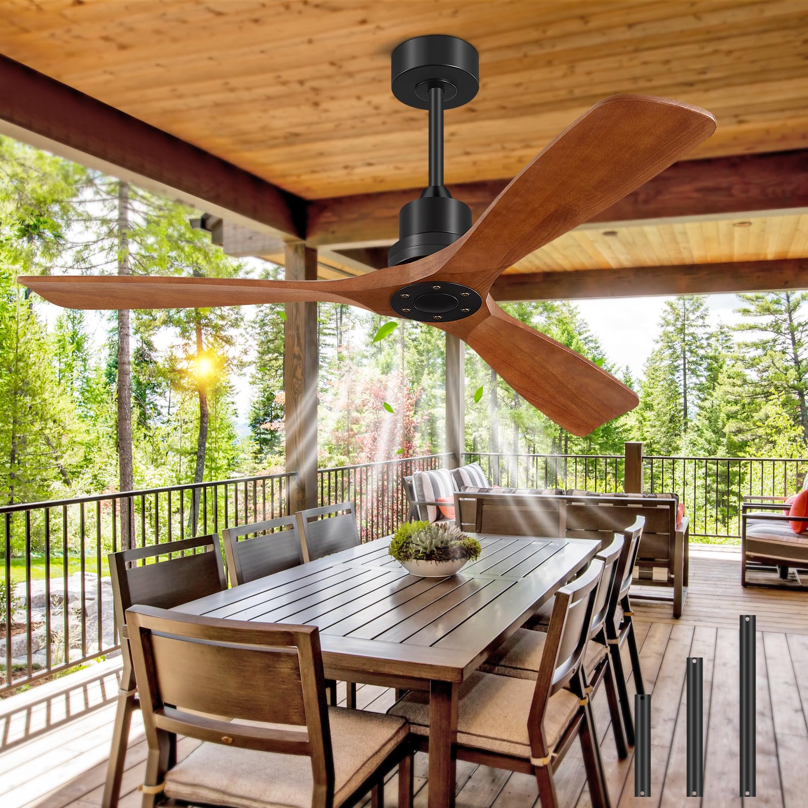 Forrovenco Ceiling Fans With Remote Control, Outdoor Ceiling Fan for Patios Indoor, 3 Downrods, 3 Blades, Timer, 6 Speed Reversible Quiet DC Motor Modern Fan Solid Wood Fan, 52in, Brown