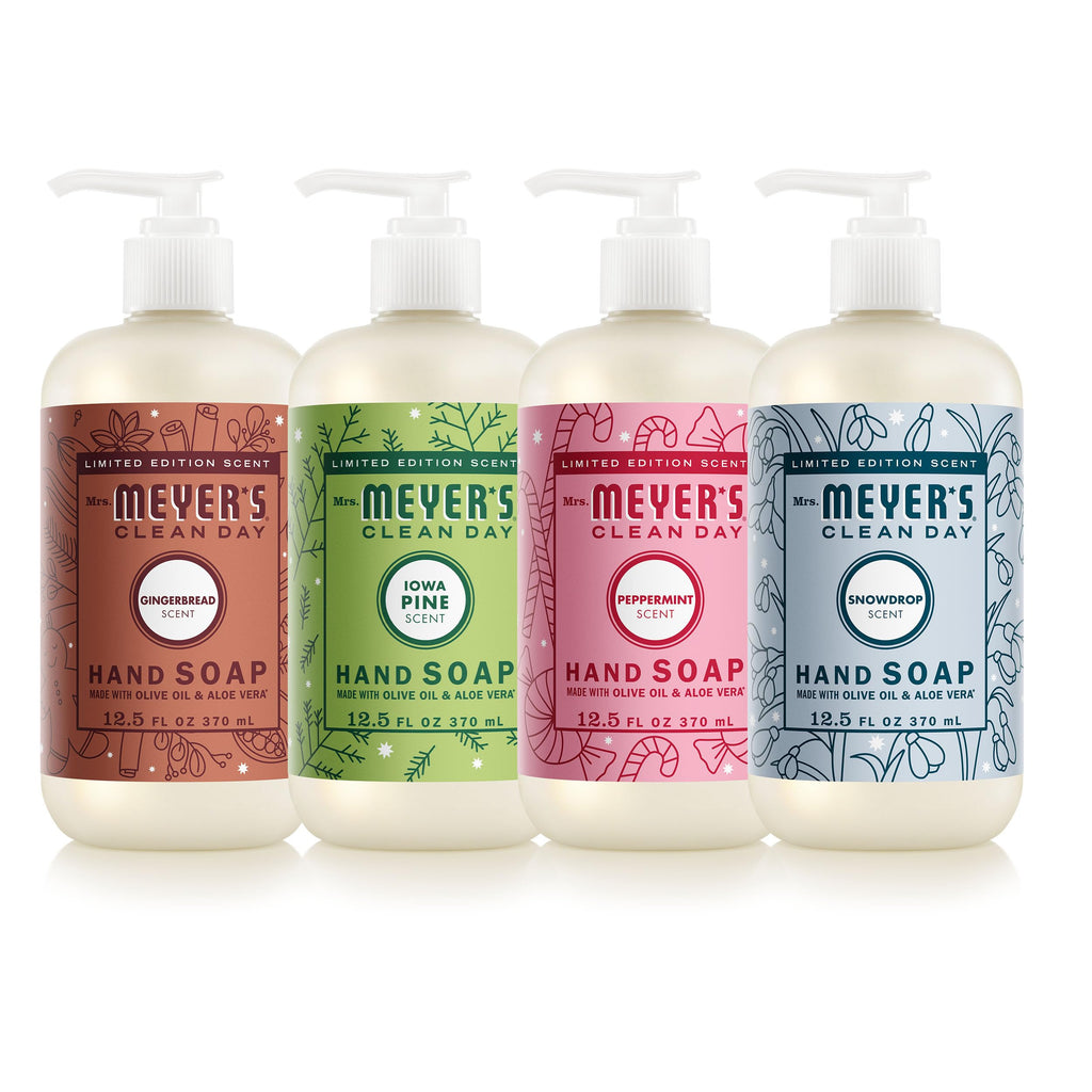 Mrs. MEYER'S Clean Day Holiday Hand Soap Set, Includes Peppermint, Iowa Pine, Snowdrop, Gingerbread