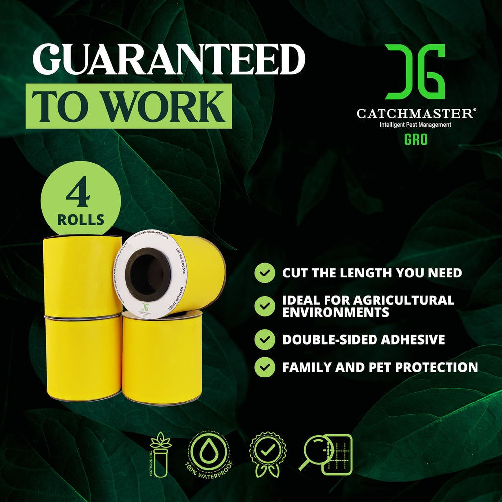 Catchmaster GRO XL AG Roll 4PK, Double Sided Adhesive Fly Tape Strips, Fungus Gnat Sticky Trap for Greenhouse, Garden, Nursery, Pest Control Gardening Supplies, Insect Trap, 328' x 6'' Yellow
