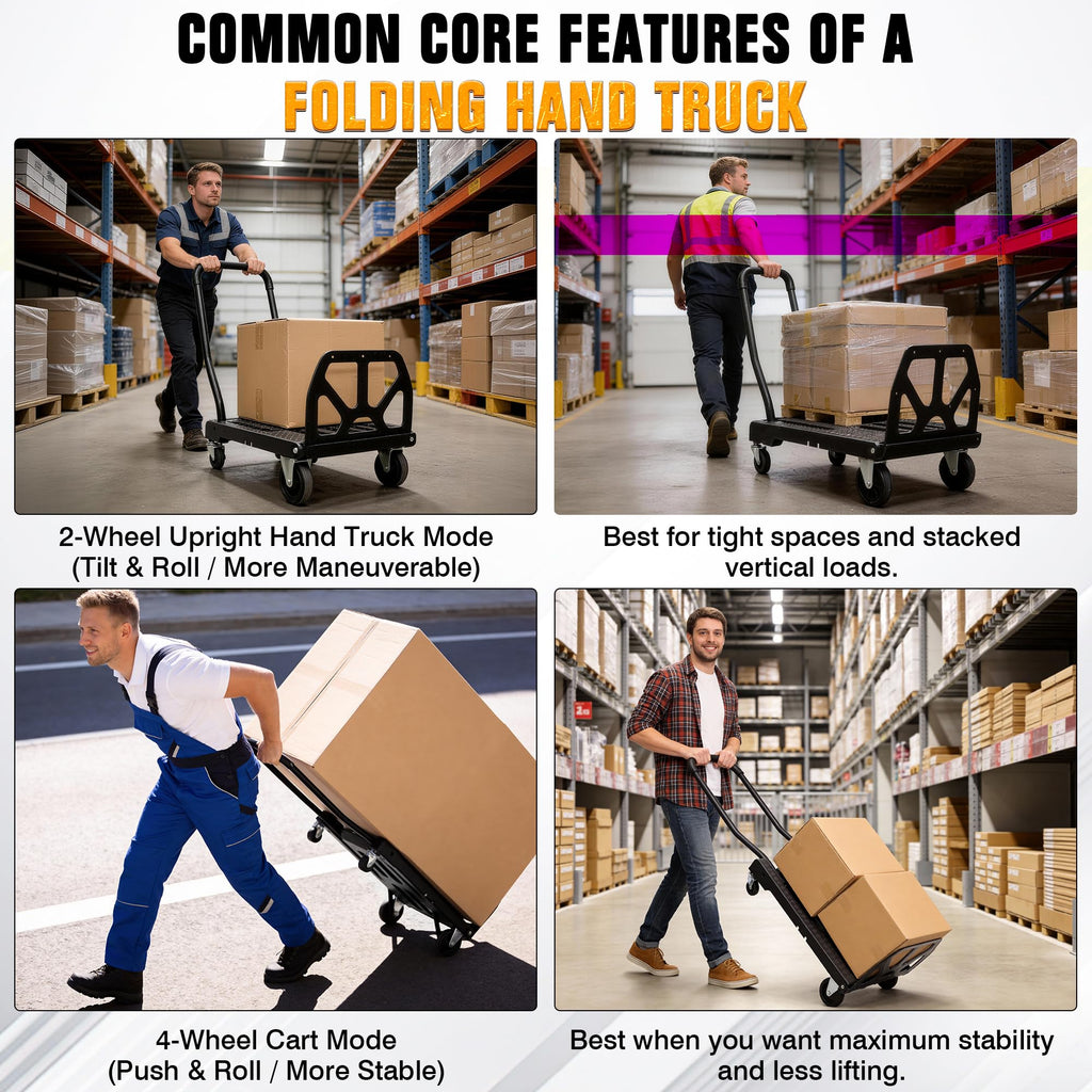 Folding Hand Truck with 4-Wheel Mode, 2 in 1 Collapsible Push Cart & Fold-Up Toe Plate – 300lbs Heavy Duty Dolly Pull Cart with Wheels Portable Hand Truck for delivery, Warehouse & Moving