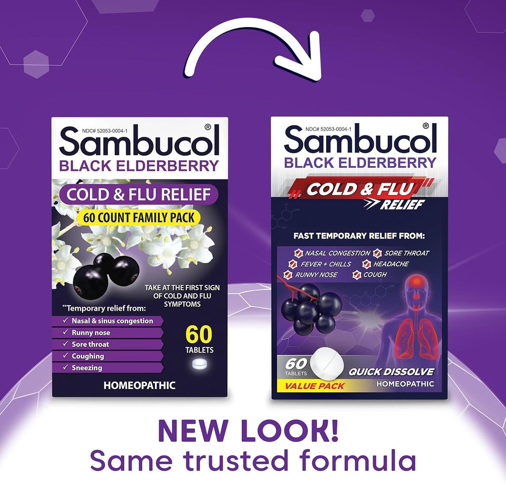 Sambucol Cold and Flu Relief Tablets - Homeopathic Black Elderberry Cold Medicine, Drowsy Free Remedy for Adults with Zinc, Quick-Dissolving Tablets for Men and Women - 60 Count