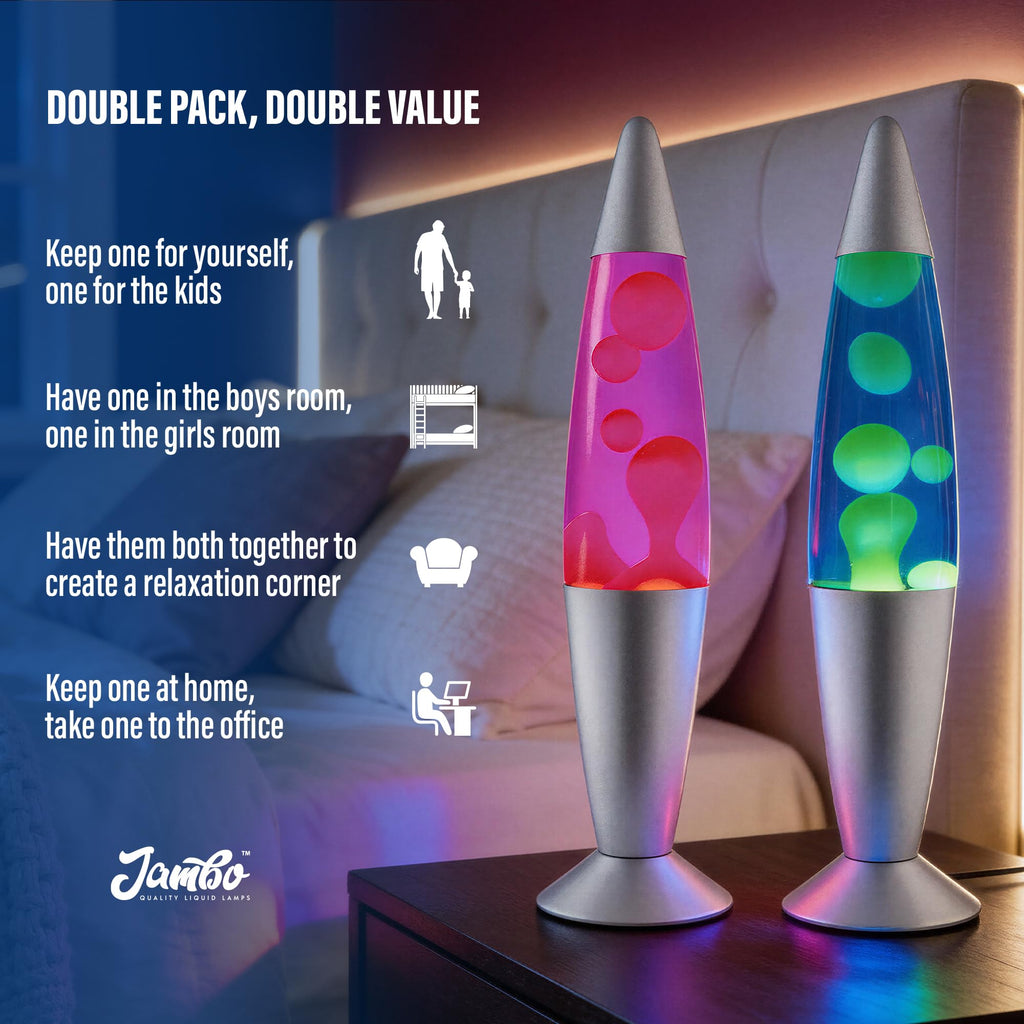 JAMBO 2 Pack- 16" Beautiful Lamp- Blue with Yellow/Green Wax and Purple with Pink Wax, Relaxing Liquid Lamp, Night Light Nightlight, Lamps for Adults Teens Kid