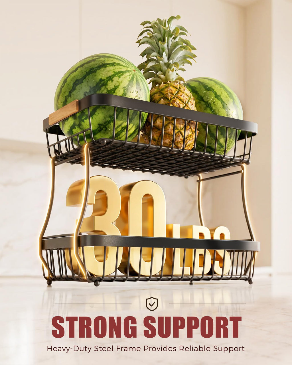 Sevenblue 2-Tier Fruit Basket with Banana Hangers, Detachable Metal Bowl