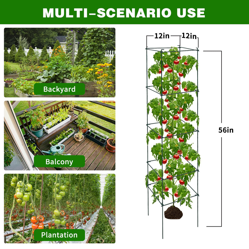LAKNUAL 6 Packs Tomato Cages for Garden, 12"×12"×56" Plant Support Cage with Different Spacing, Green Metal Trellis for Climbing Plants Like Cucumber, Flowers
