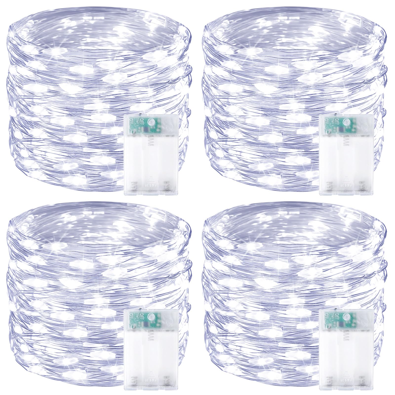 4 Pack 60 LED Fairy Lights Battery Operated with Timer, 20FT Waterproof String Lights Indoor Outdoor, Cuttable Battery Light for Home Bedroom Wedding DIY Centerpiece Christmas Decorations (Cool White)