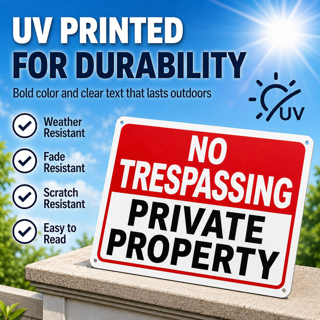 4 Pack No Trespassing Signs Private Property – 10x7 Inch 40 Mil Rust Free Aluminum, Reflective Warning Signs, UV Printed, Weatherproof Outdoor High Visibility Security Sign for Fence, Gate & Yard