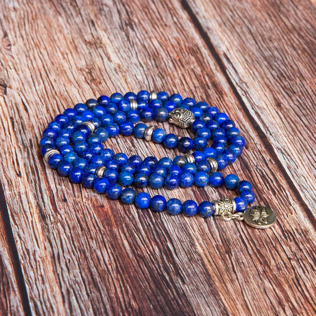 Bivei 108 Mala Beads Necklace Beaded Wrap Bracelets Genuine Gemstone Mala Prayer Beads Lotus Charm Yoga Meditation Necklace - Lapis Lazuli