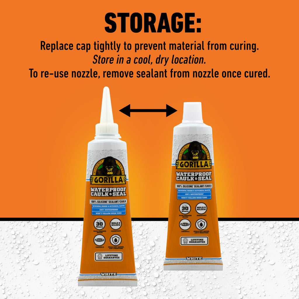 Gorilla 100% Silicone Caulk, Waterproof Sealant, 2.8oz Squeeze Tube, White