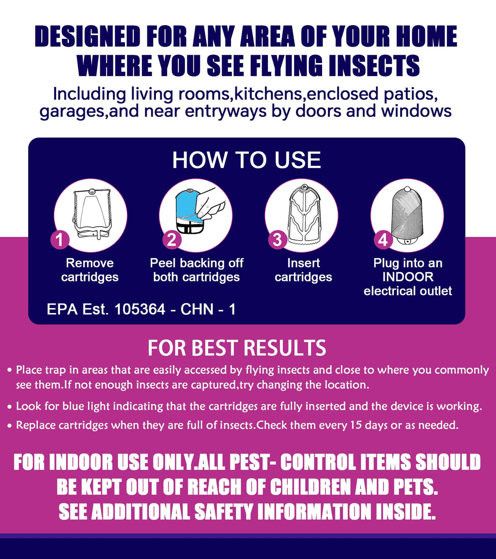 Flying Insect Trap for Indoor Use (2 Starters & 6 Refill Cartridges), UV Light Bug Catcher for Fruit Flies, Gnats & Small Flying Pests, Silent, No-Zap, Mess-Free