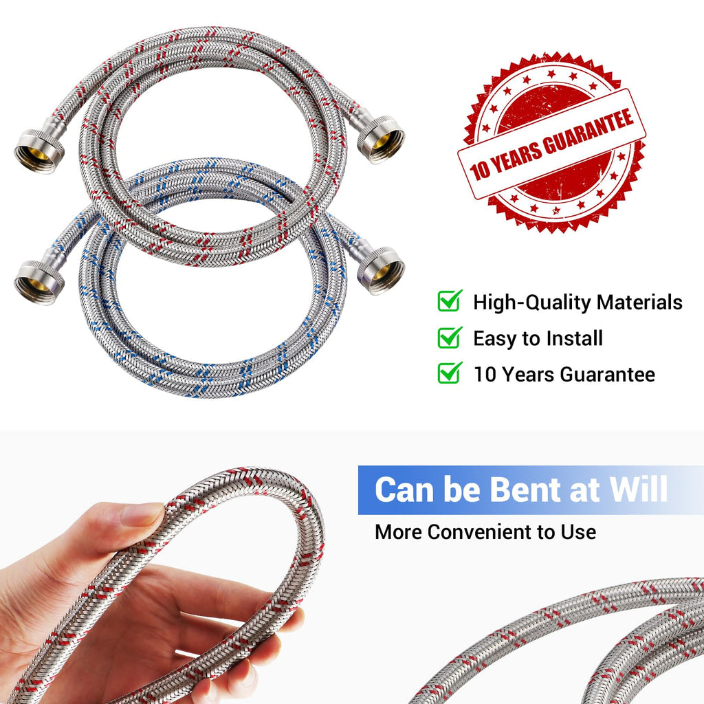 Yejesiy 4 Ft Washing Machine Hoses, 2 Packs Premium Stainless Steel Washer Hoses Burst Proof, Hot and Cold Striped Water Supply Hoses with 3/4'' Standard Interface fit for ALL Washer