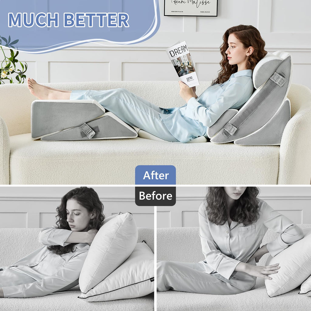 Paxato 9PCS Wedge Pillow Set for After Surgery Recovery, Adjustable Memory Foam Neck Pillow, Foam Leg Pillow, Relieves Neck, Leg Pain, Sleep Apnea, and Functions as a Reading Pillow, Gray