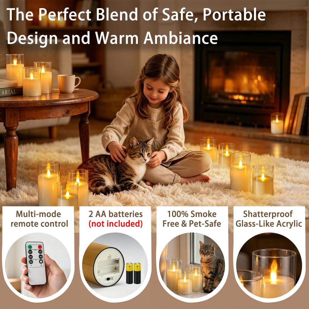 TEJCOPW Flameless Candles with Remote, Set of 6 LED Pillar Candles (3" D x 4" 5" 6" H), Realistic Climbing Flame Battery Powered Candles for Home Wedding Christmas (Clear Shell Ivory)