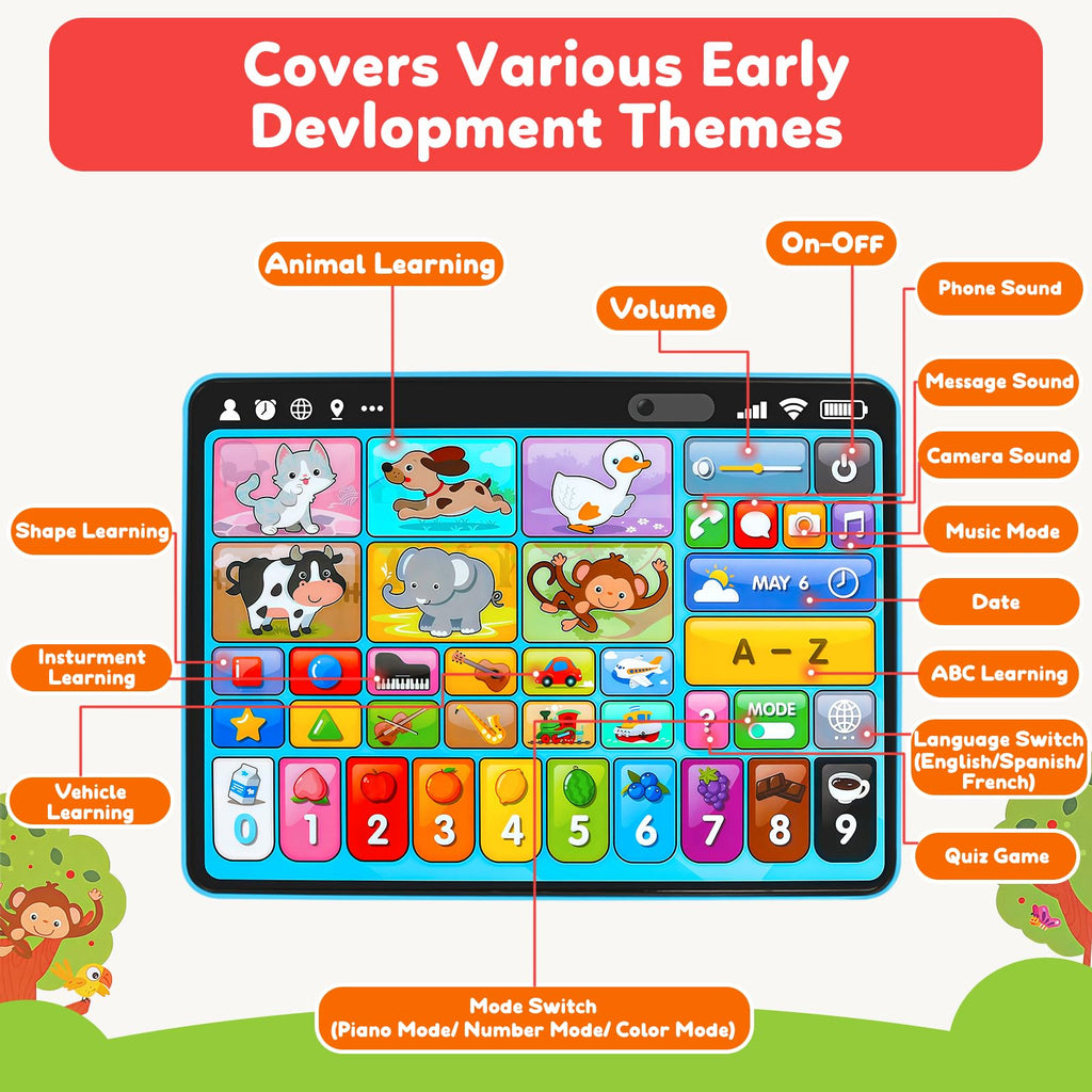 Learning Tablet for Toddlers 1-3 Trilingual Learning Toys with Music & Sound, Montessori Speech Therapy Toys for 1 Year Old Boy Girl Musical Baby Toys 12-18 Months Toddler Toys Age 1-2 2-3 Gifts