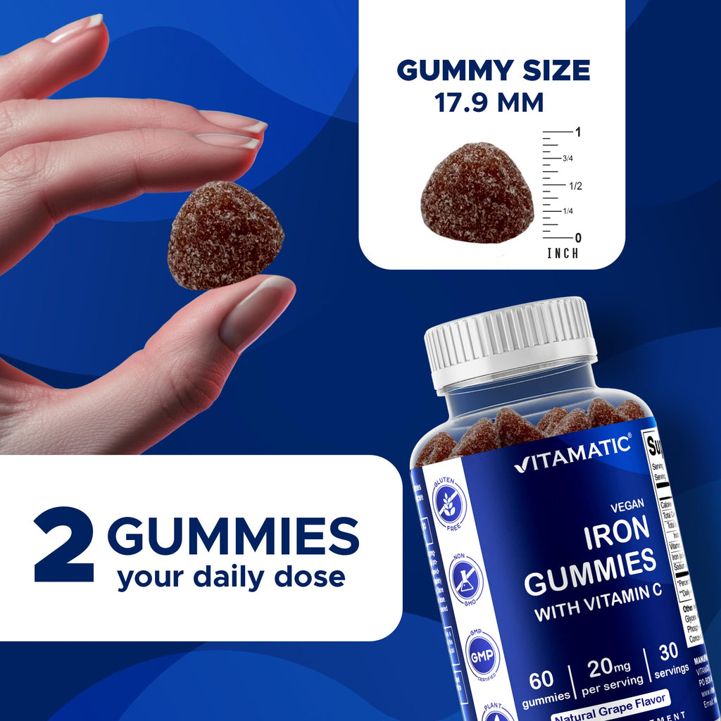 Vitamatic Iron Gummies Supplement for Women & Men - 20mg Serving - 60 Vegan Gummies - Great Tasting Iron Gummy Vitamins with Vitamin C (60 Count (Pack of 2))