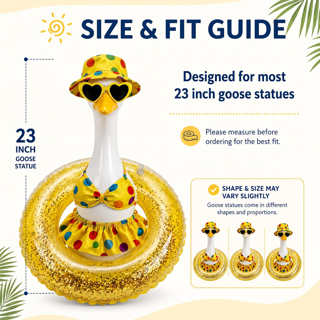 DaGailen Summer Porch Goose Outfits 23 Inch, Yellow Polka Dot Porch Goose Bikini with Swim Ring, Sun Hat Heart Sunglasses Porch Goose Accessories for Yard Garden Patio Decor