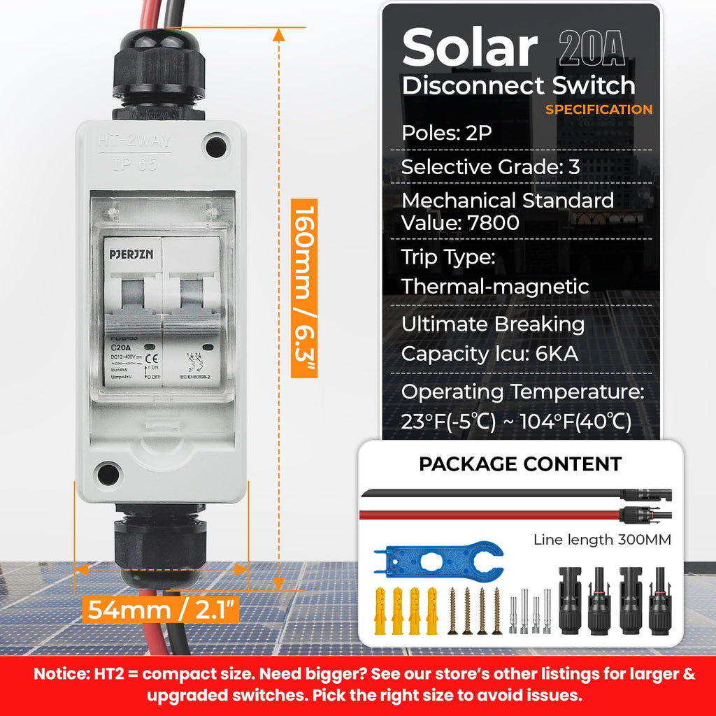 Pjerjzn Solar Panel Disconnect Switch 400V DC/AC 20A Miniature Circuit Breaker with DIN Rail Box Enclosure Outdoor Small Breaker Box IP65 Waterproof UV-Proof for Solar PV Homes, Battery (20 Amp)