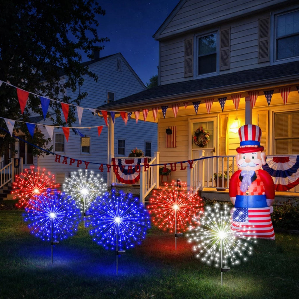 Tujoe 9 Pcs 4th of July Solar Firework Stake Lights 180 LED 8 Modes Solar Waterproof LED Sparkler Lights Outdoor Patriotic Decoration for Memorial Independence Day Garden Patio Yard (Red, Blue, White)