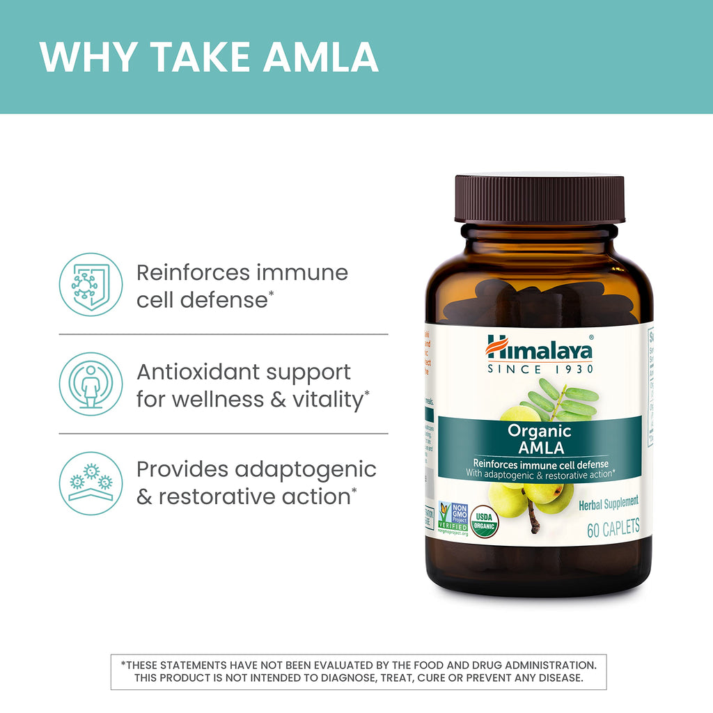 Himalaya Organic Amla - Herbal Immune Support Supplement with Adaptogen and Antioxidant - USDA Organic, Vegan, Non-GMO, Gluten Free, 600 mg, 60 Caplets