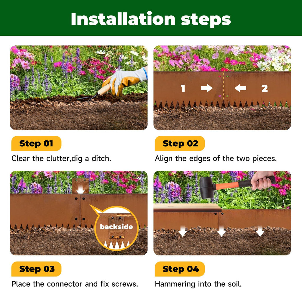 Corten Steel Edging 8" H x 40" L Steel Garden Edging 6 Pack 180 Bend Rusted