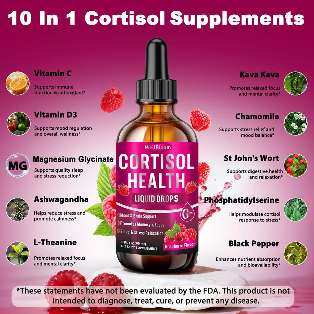 WellBloom Cortisol Reducer for Women & Men with Magnesium Glycinate, Ashwagandha, L-Theanine - Supports Stress Relief, Sleep & Heart Health, Nerves, Muscles - 2 Fl Oz