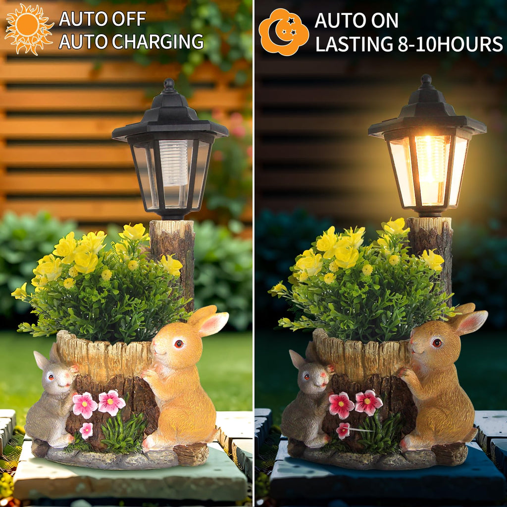 Solar Bunny Statue Outdoor, Rabbits Figurine with Flowerpot & Lantern
