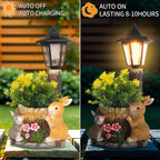 Solar Bunny Statue Outdoor, Rabbits Figurine with Flowerpot & Lantern