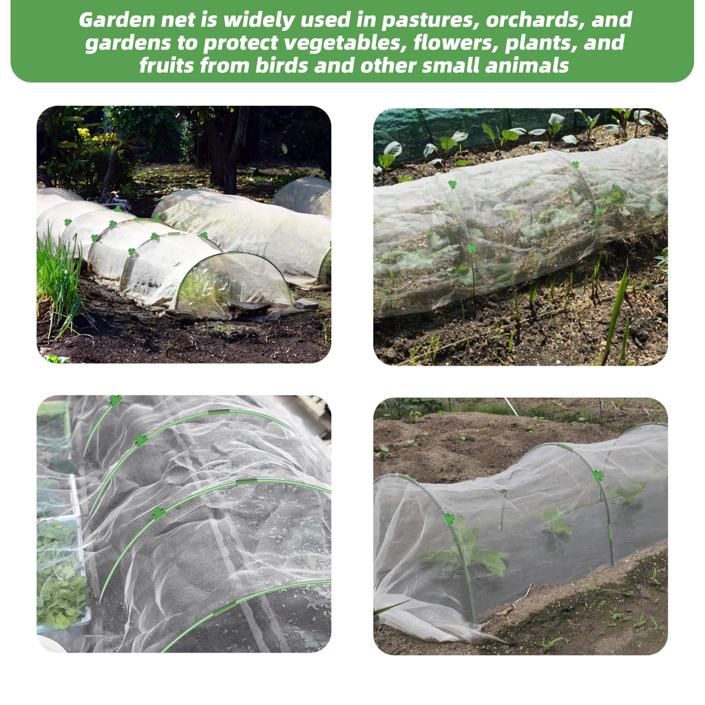 U0U Garden Mesh Netting Kit,7.8 x 24 Ft Plant Netting with Hoops,Bird Net for Garden with 6 Sets Garden Hoops & 18 Clips,Garden Net Bed Cover for Plants Birds Animals Protection (White)