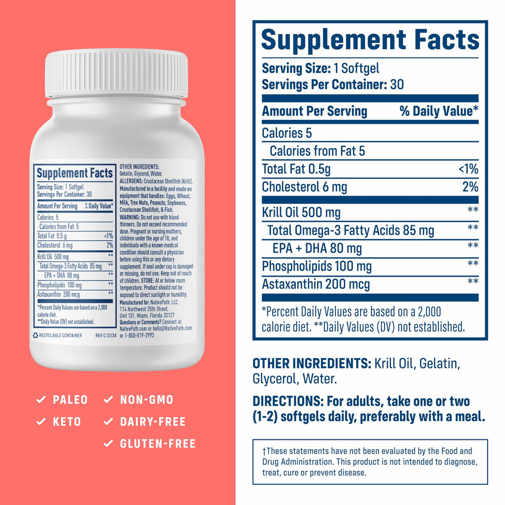 NativePath Wild-Caught Antarctic Krill Oil 500mg - Premium Astaxanthin 200mcg Phospholipid-Bound Omega-3 EPA DHA - Pure Formula GMP Certified Third Party Tested - 30 Softgels