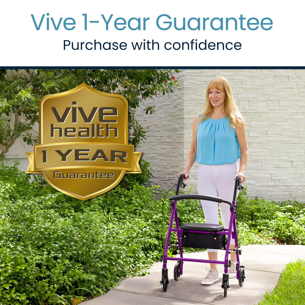 Vive Mobility Steel Rollator Walker with Seat - Foldable, Narrow, Rolling Senior Walker for Small Spaces - 4 Wheel Lightweight Adult Easy Drive with Underseat Storage, Adjustable Height (Purple)
