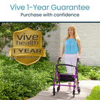 Vive Mobility Steel Rollator Walker with Seat - Foldable, Narrow, Rolling Senior Walker for Small Spaces - 4 Wheel Lightweight Adult Easy Drive with Underseat Storage, Adjustable Height (Purple)