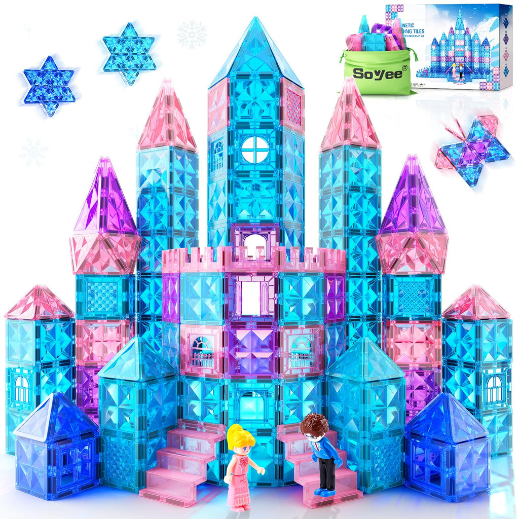 Magnetic Tiles 102pcs with 2 Stairs 2 Dolls Princess Castle Building Girls Toys Age 4-5 6-8 Magnetic Blocks Birthday Xmas Gifts for Girls Toys for 3 4 5 6 7 8+ Year Old