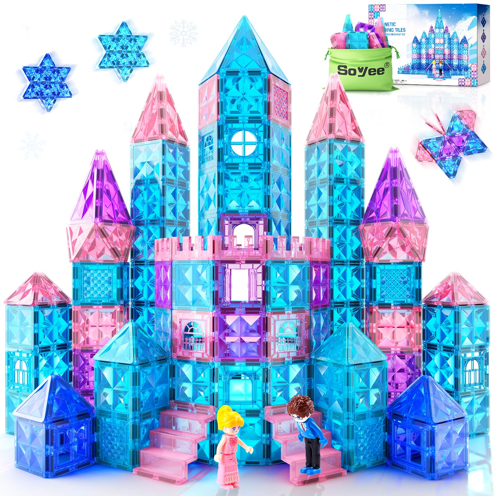 Magnetic Tiles 102pcs with 2 Stairs 2 Dolls Princess Castle Building Girls Toys Age 4-5 6-8 Magnetic Blocks Birthday Xmas Gifts for Girls Toys for 3 4 5 6 7 8+ Year Old