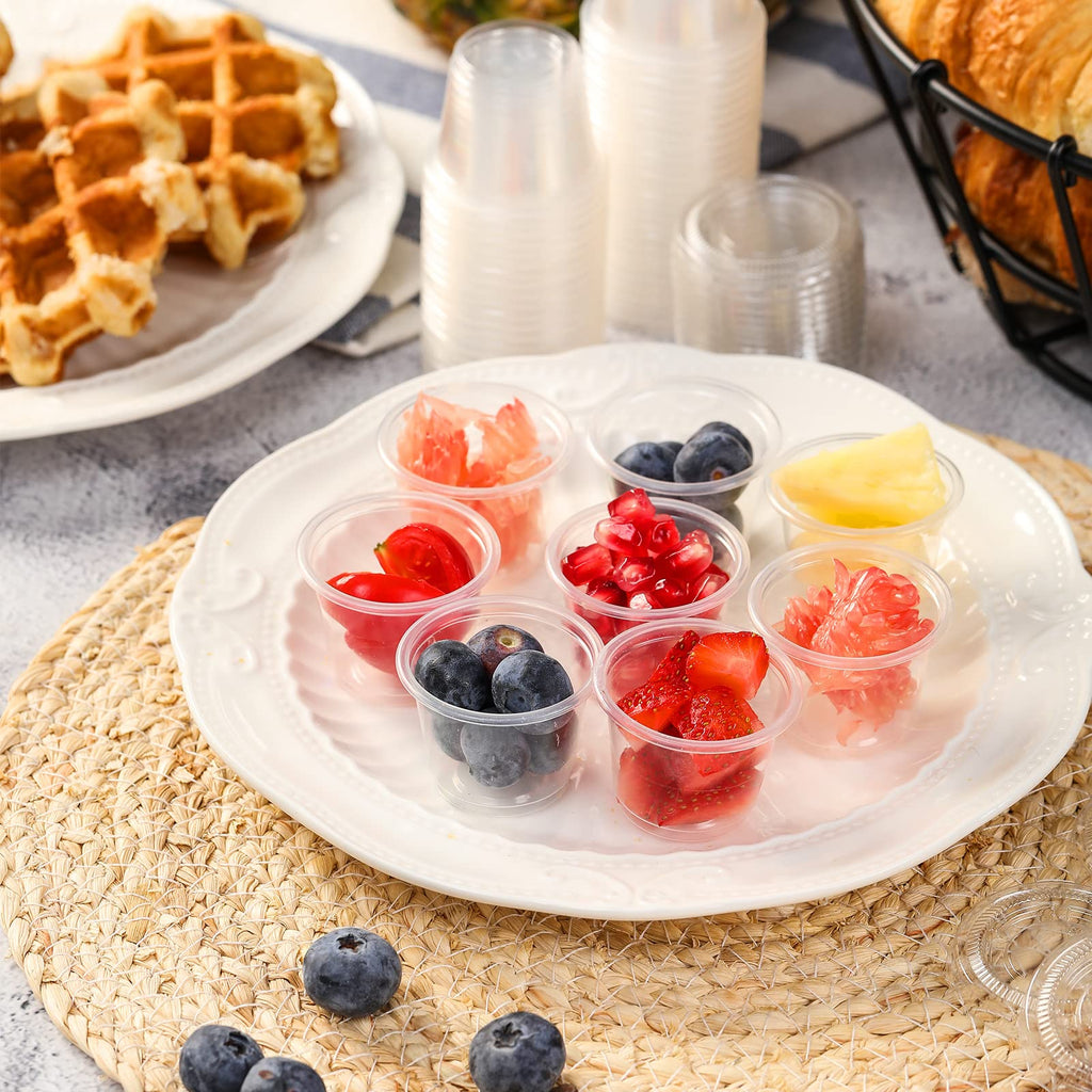 VITEVER [130 Sets - 1 Oz ] Jello Shot Cups, Small Plastic Containers Lids, Airtight and Stackable Portion Cups, Salad Dressing Container, Dipping Sauce Cups, Condiment Cups Lunch, Party to Go, Trips