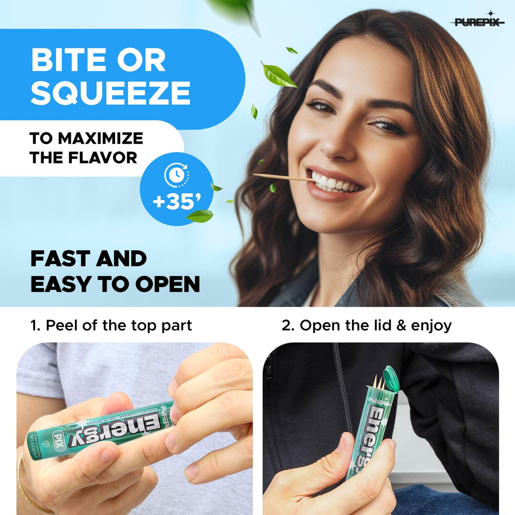 PurePix Energy Flavored Toothpicks with B12 & L-Theanine in 5 Bold Flavors (Apple Mint, Blurazz Ice, Cinnamon Ice, Spearmint, Strawberry Ice), 20mg Caffeine Birchwood Infused Toothpick, (5×20 Count)
