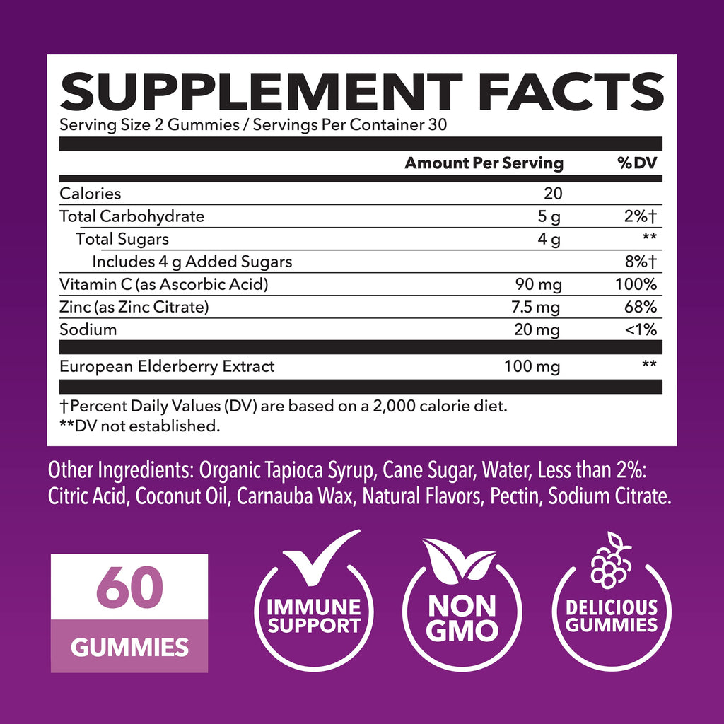 Sambucus Elderberry Gummies for Adults - Immune Support Supplement with Vitamin C and Zinc - Enhanced Formula for Daily Defense - 60 Count, 1 Month Supply, Berry Flavor - Convenient Wellness