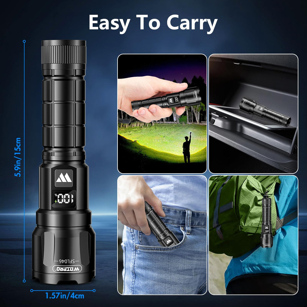 WdtPro Rechargeable Flashlights 2 Pack, Super Bright LED High Lumens Tactical Flash Light with LCD Battery Display, Zoomable 3 Modes, Powerful Handheld Flashlights for Home Emergencies Camping Outdoor