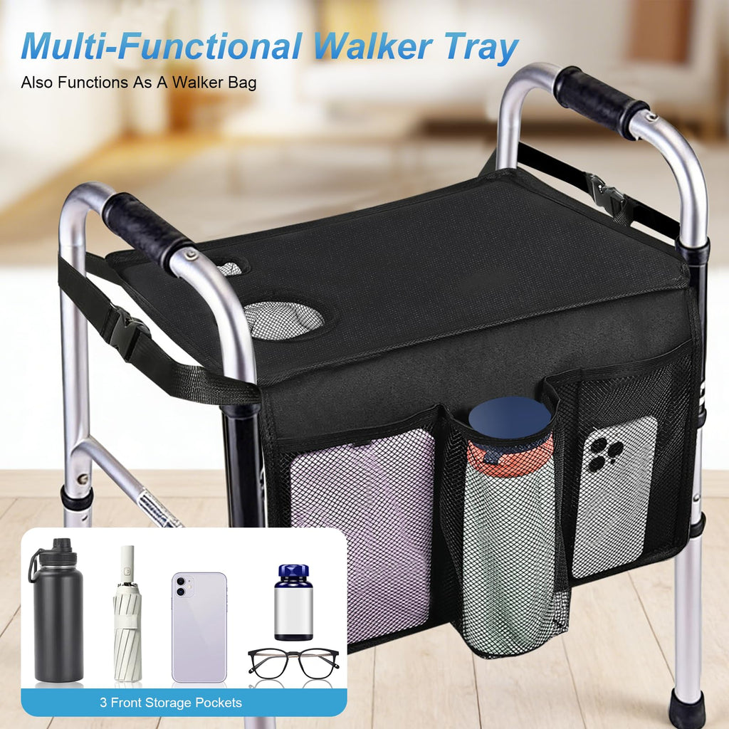 Cejiuga Walker Tray for Folding Walker, Premium Tray for Walker for Seniors with Cup Holder, Walker Trays for Rolling Folding Walker, Walker Accessories for Seniors (Black)