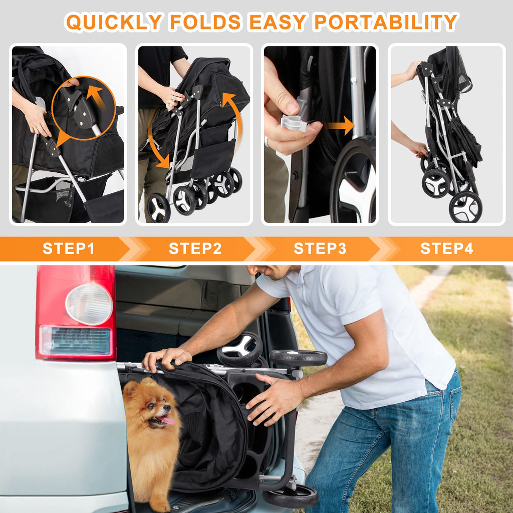 4 Wheels Pet Stroller Dog Cat Stroller for Small Medium Dog Cats Foldable Carrier Jogger Travel Puppy with Storage Basket and Cup Holder (Black)