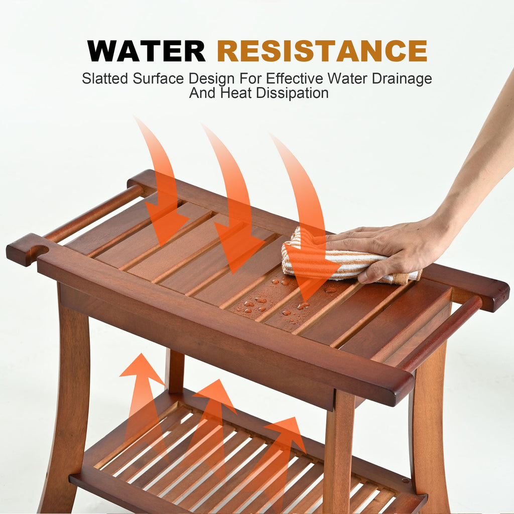 Jekruiet Teak Shower Chair Stool, 24" Shower Bench Seat, Wooden Bathroom Bench with Storage Shelf for Indoor & Outdoor Use